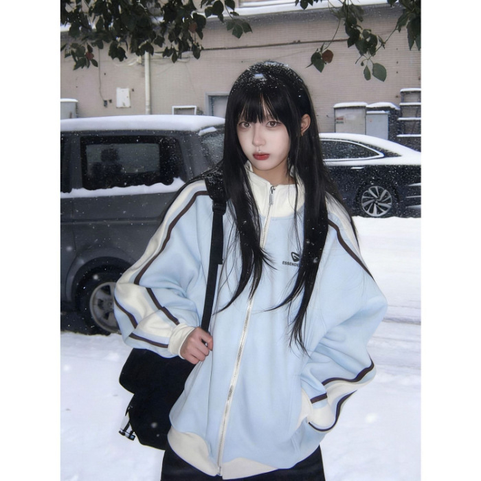 Ženska jakna-svjetar s prugama i stojećim ovratnikom, slobodan kroj, zip, poliester 95%+