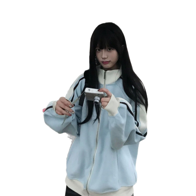 Ženska jakna-svjetar s prugama i stojećim ovratnikom, slobodan kroj, zip, poliester 95%+