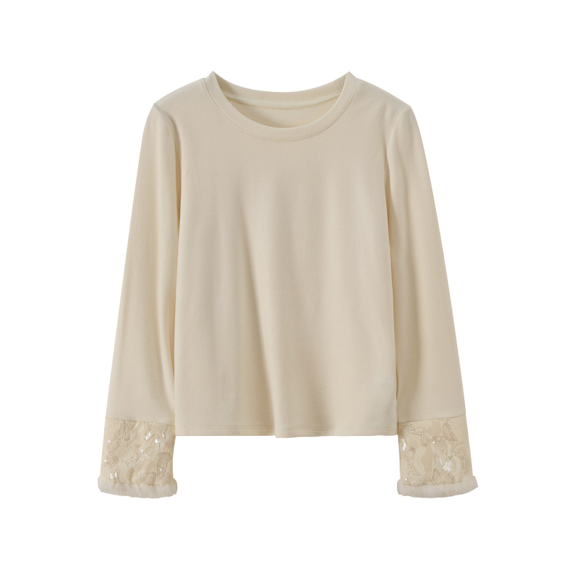 Pulover tricotat cu guler rotund, patchwork din bumbac-elastan, mâneci lungi, lungime normală