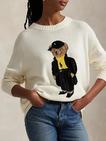 Pulover tricotat pentru femei, cu broderie de urs, dungi, croială Slim, glugă, guler înalt