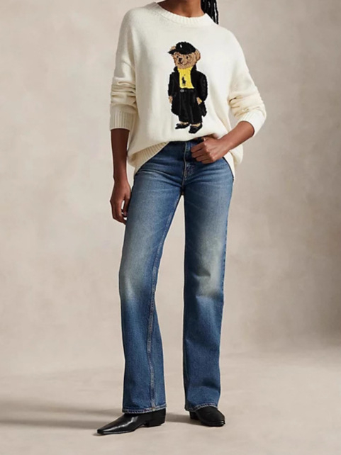 Pulover tricotat pentru femei, cu broderie de urs, dungi, croială Slim, glugă, guler înalt