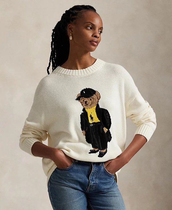 Pulover tricotat pentru femei, cu broderie de urs, dungi, croială Slim, glugă, guler înalt