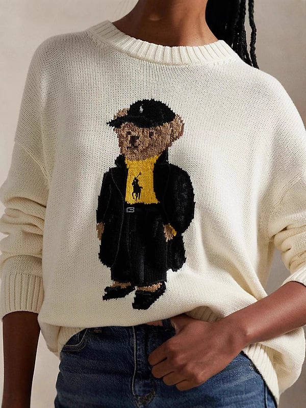 Pulover tricotat pentru femei, cu broderie de urs, dungi, croială Slim, glugă, guler înalt