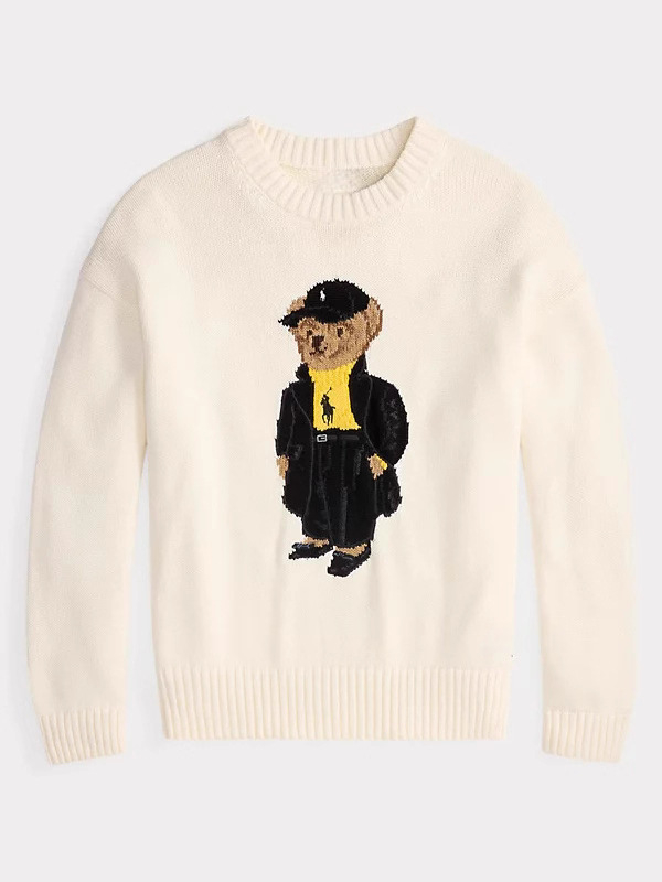 Pulover tricotat pentru femei, cu broderie de urs, dungi, croială Slim, glugă, guler înalt