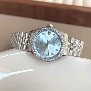 Ibso quartz hodinky pre ženy s kalendárom, diamantové prvky na nerezovom náramku, nerezové púzdro, okrúhly ciferník, minerálne sklo, vodotesnosť 30 m