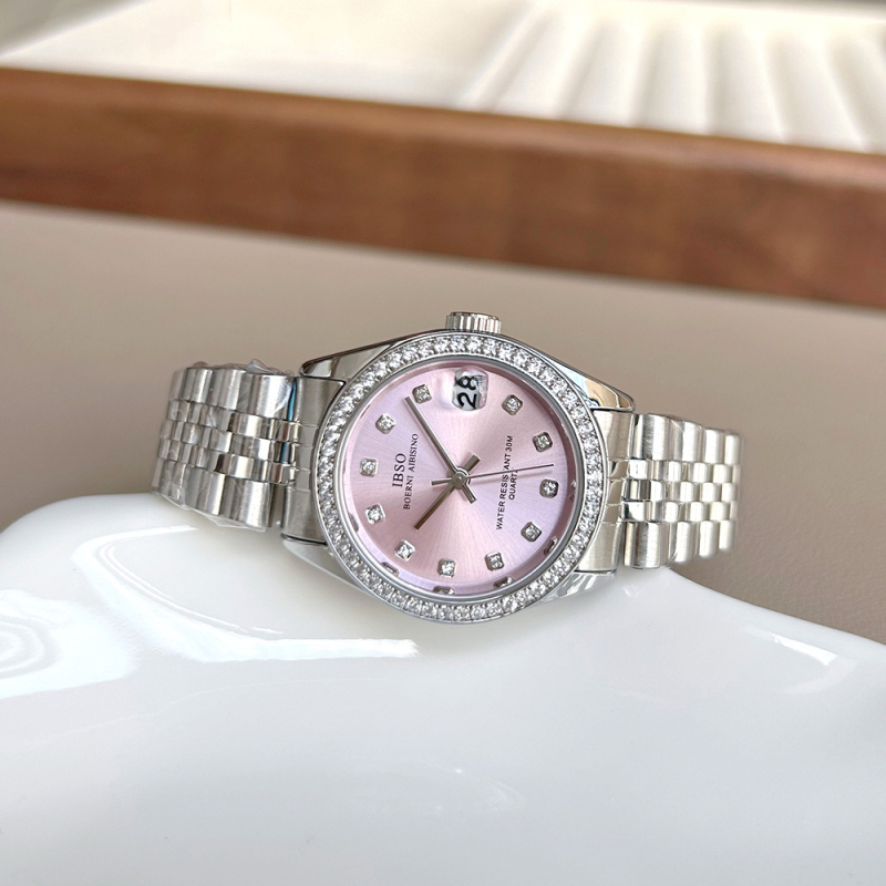 Ibso quartz hodinky pre ženy s kalendárom, diamantové prvky na nerezovom náramku, nerezové púzdro, okrúhly ciferník, minerálne sklo, vodotesnosť 30 m