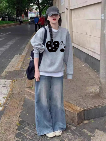 Dámska mikina bez kapucne v americkom retro štýle s fleece podšívkou, voľný strih, dlhé rukávy, kruhový výstrih, stredná dĺžka (Mamba cotton, Round neck, Loose fit, Long sleeves, Mid-length)