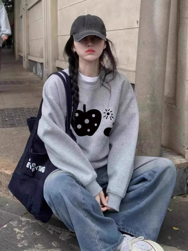 Dámska mikina bez kapucne v americkom retro štýle s fleece podšívkou, voľný strih, dlhé rukávy, kruhový výstrih, stredná dĺžka (Mamba cotton, Round neck, Loose fit, Long sleeves, Mid-length)