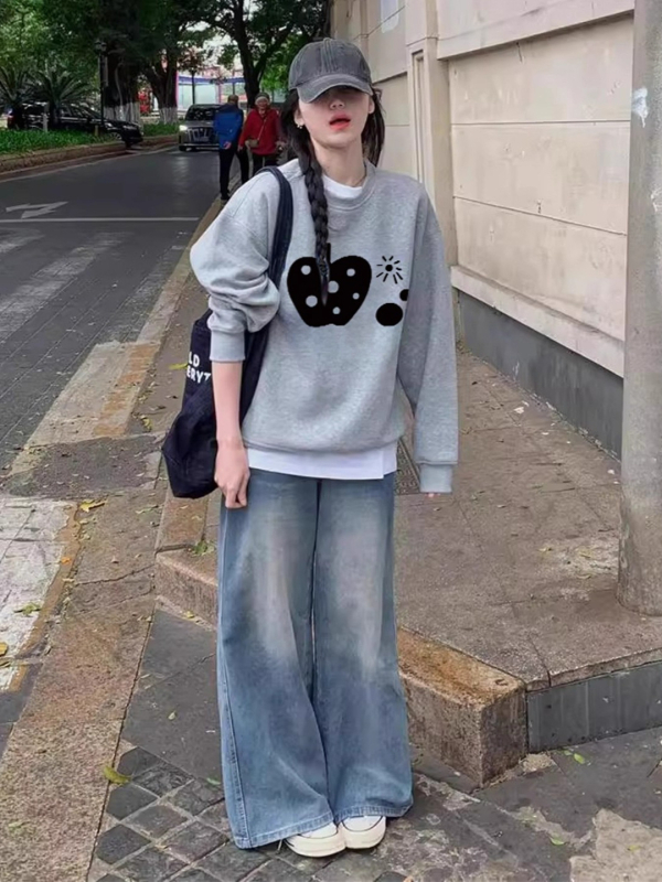 Dámska mikina bez kapucne v americkom retro štýle s fleece podšívkou, voľný strih, dlhé rukávy, kruhový výstrih, stredná dĺžka (Mamba cotton, Round neck, Loose fit, Long sleeves, Mid-length)