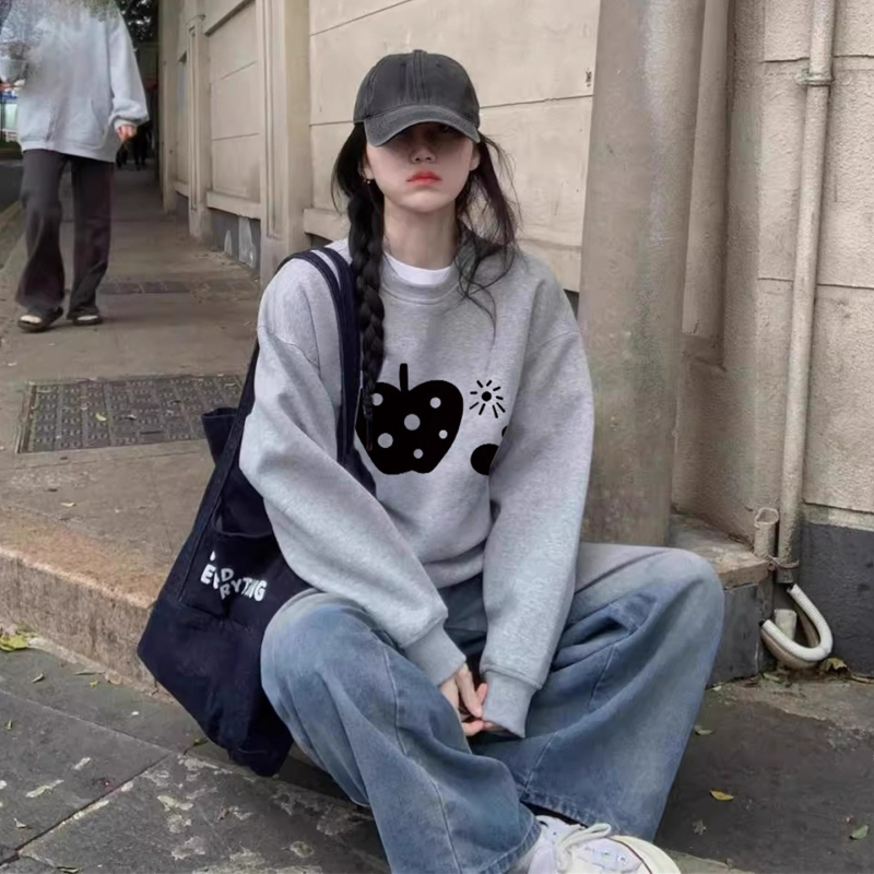 Dámska mikina bez kapucne v americkom retro štýle s fleece podšívkou, voľný strih, dlhé rukávy, kruhový výstrih, stredná dĺžka (Mamba cotton, Round neck, Loose fit, Long sleeves, Mid-length)