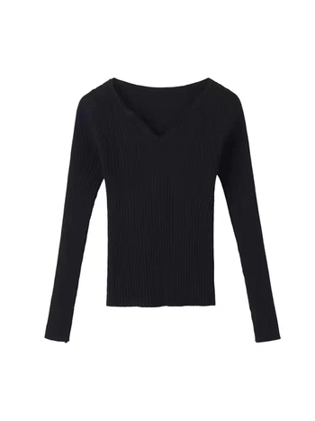 Ženski pleteni džemper s kapuljačom - V-izrez, dugi rukavi, uski kroj, jednobojan