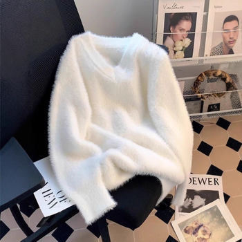 Pulover cu glugă, guler rotund, lână amestecată, gros, croială lejeră