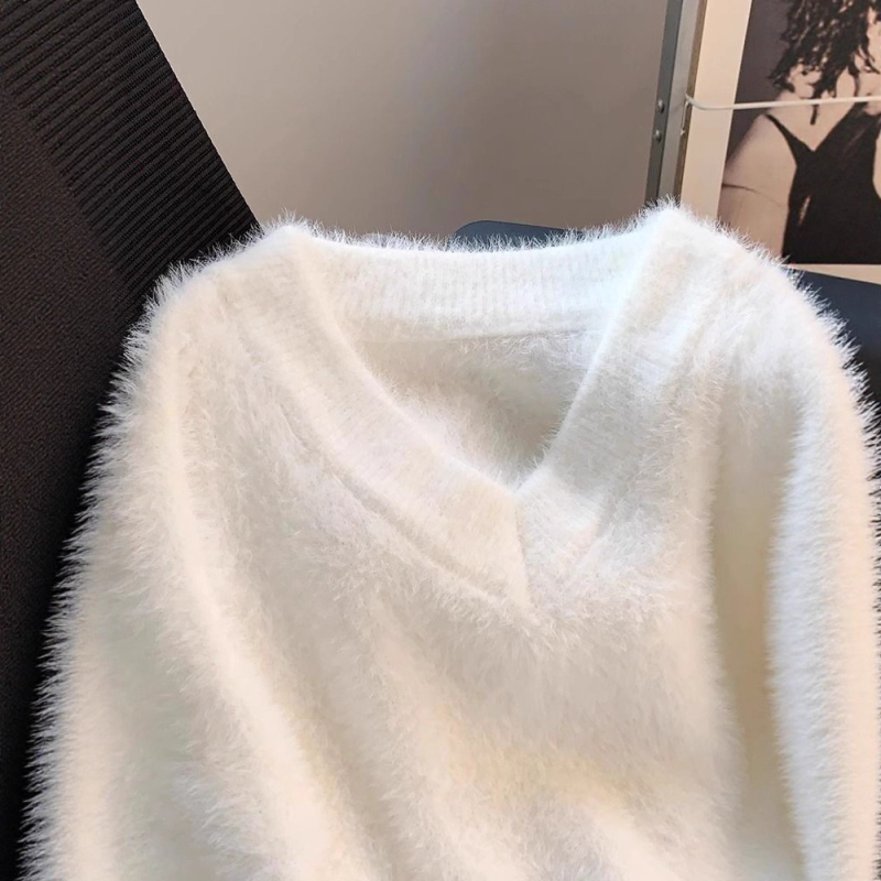 Pulover cu glugă, guler rotund, lână amestecată, gros, croială lejeră