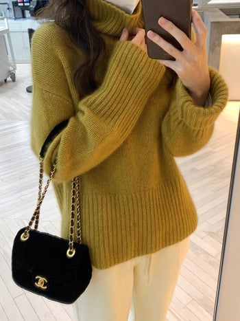 Ženski debeli vuneni pleteni džemper s visokim ovratnikom — 95% vuna, kratki kroj, dugi rukav, udoban slobodan kroj, jesen/zima