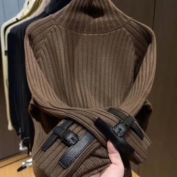 Akrilni pleteni džemper s visokim ovratnikom, širok kroj, dugi rukavi, srednja duljina, japansko-korejski ležerni stil