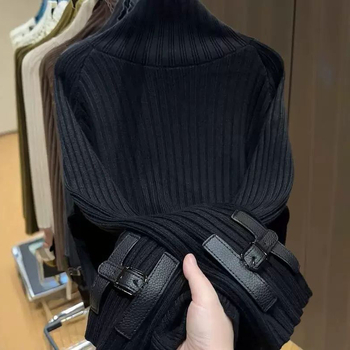 Akrilni pleteni džemper s visokim ovratnikom, širok kroj, dugi rukavi, srednja duljina, japansko-korejski ležerni stil