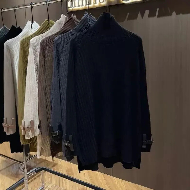 Akrilni pleteni džemper s visokim ovratnikom, širok kroj, dugi rukavi, srednja duljina, japansko-korejski ležerni stil