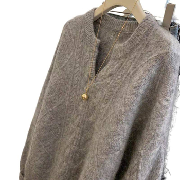 Pulover pentru femei cu decolteu în V și textură tricotată răsucită, gros pentru toamnă-iarnă, croială lejeră