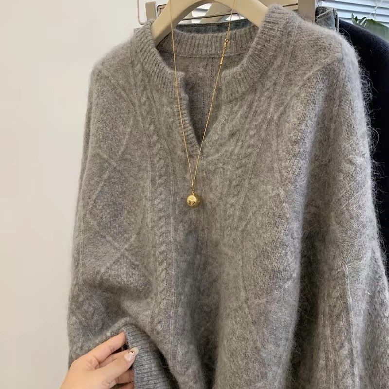 Pulover pentru femei cu decolteu în V și textură tricotată răsucită, gros pentru toamnă-iarnă, croială lejeră