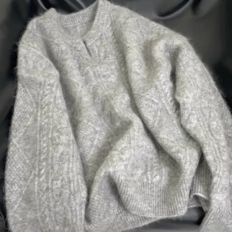 Pulover pentru femei cu decolteu în V și textură tricotată răsucită, gros pentru toamnă-iarnă, croială lejeră