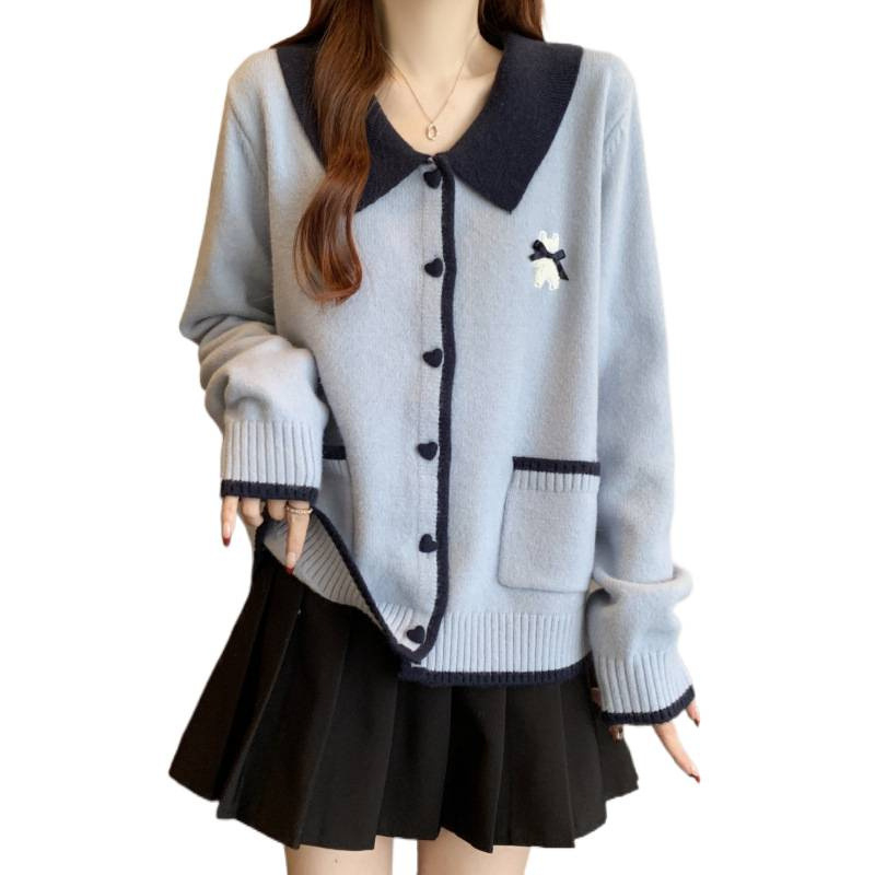 Cardigan damă cu guler polo, din fibră acrilică, mâneci lungi, 95%+ conținut al țesăturii principale, elegant stil urban