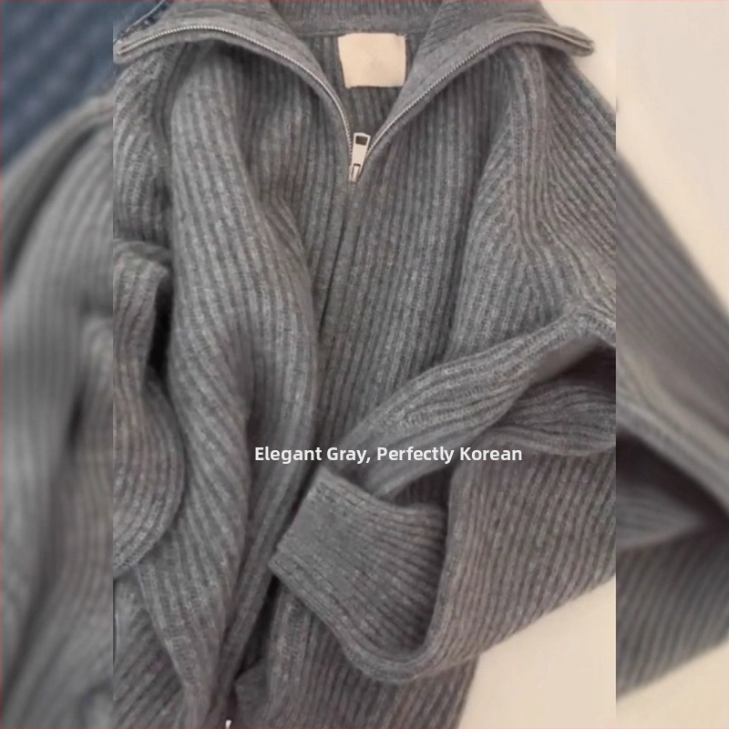 Ženský pletený kardigán so zipsom, vysoký golier, voľný strih, dlhé rukávy