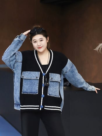 Nova plus-size ženska odjeća za jesen i zimu, kardigan od denima s panelima, pleteni, ležerni stil, laskajuća silueta, svestran