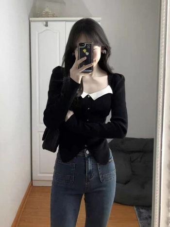 Pleten top s kvadratnim izrezom i nabreknutim rukavima, uski kroj, jesen-zima