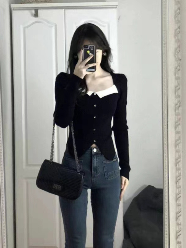 Pleten top s kvadratnim izrezom i nabreknutim rukavima, uski kroj, jesen-zima