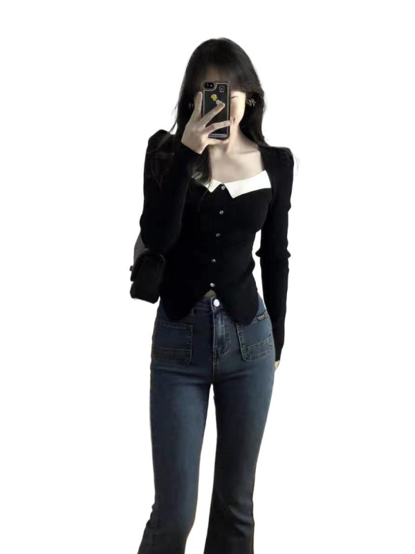 Pleten top s kvadratnim izrezom i nabreknutim rukavima, uski kroj, jesen-zima