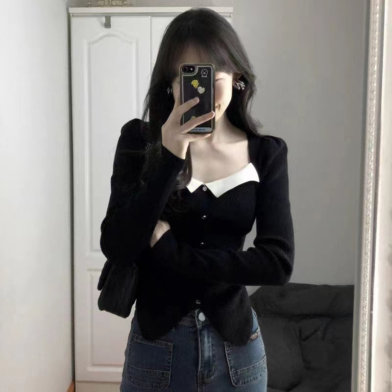 Pleten top s kvadratnim izrezom i nabreknutim rukavima, uski kroj, jesen-zima