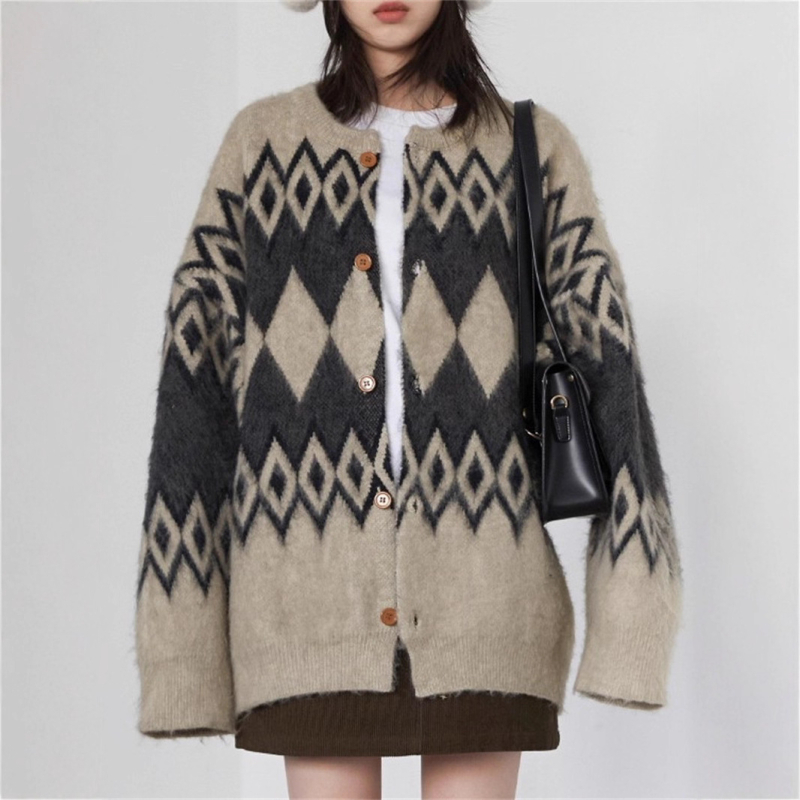 Kardigan pulover s dijamantnim geometrijskim uzorkom, pleteni od poliestera i spandeksa, uski kroj, srednja duljina