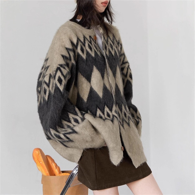 Kardigan pulover s dijamantnim geometrijskim uzorkom, pleteni od poliestera i spandeksa, uski kroj, srednja duljina