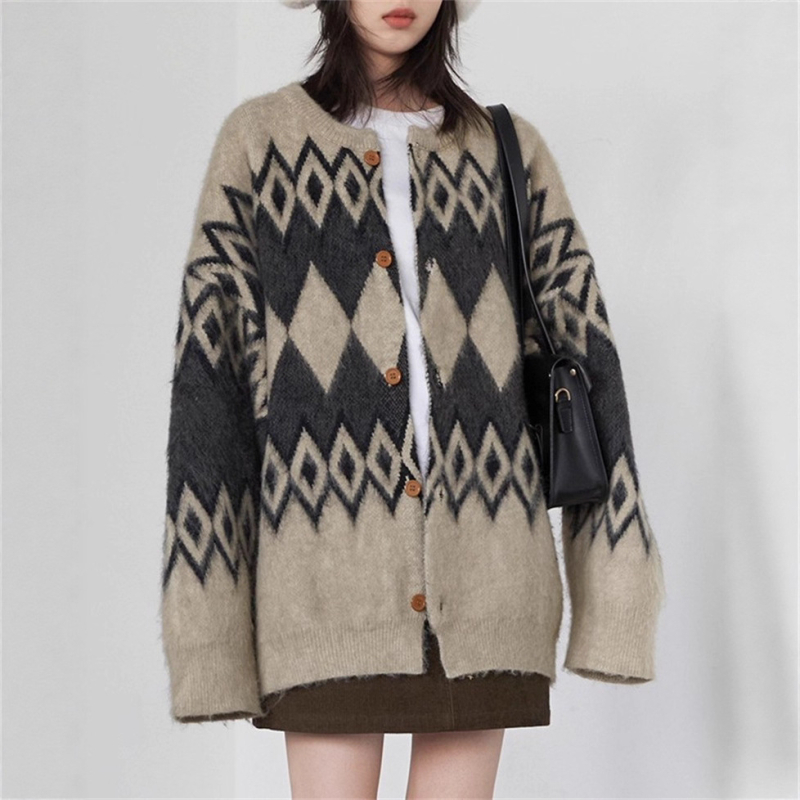 Kardigan pulover s dijamantnim geometrijskim uzorkom, pleteni od poliestera i spandeksa, uski kroj, srednja duljina