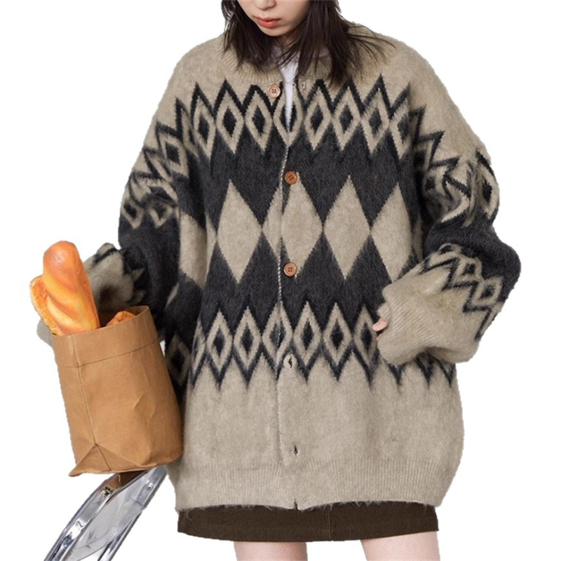 Kardigan pulover s dijamantnim geometrijskim uzorkom, pleteni od poliestera i spandeksa, uski kroj, srednja duljina