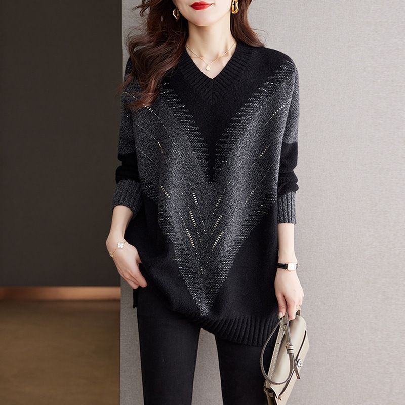 Polyesterový pletený sveter, V-krk, voľný strih, dlhé rukávy, stredná dĺžka 50-65 cm