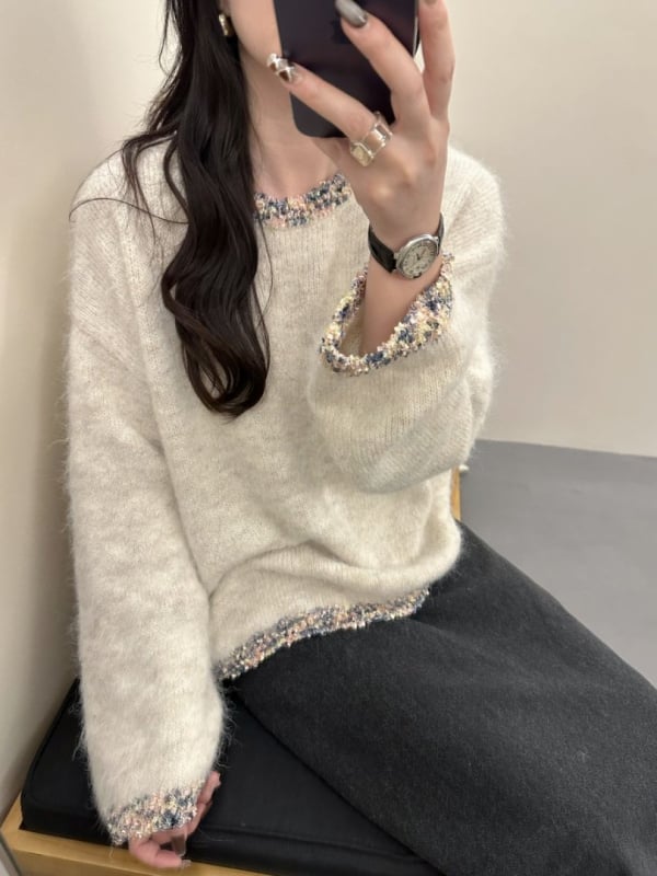 Damski pleteni džemper s kapuljom od alpaka i vune, slobodan kroj, okrugli izrez, dugi rukavi, četkano završetak, jesen 2025