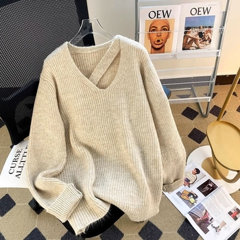 Ženski pulover s kapuljačom, V-izrez, prorezano pletene, debeo, dugi rukavi, gradski stil