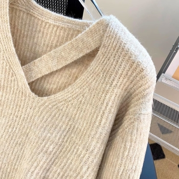 Ženski pulover s kapuljačom, V-izrez, prorezano pletene, debeo, dugi rukavi, gradski stil