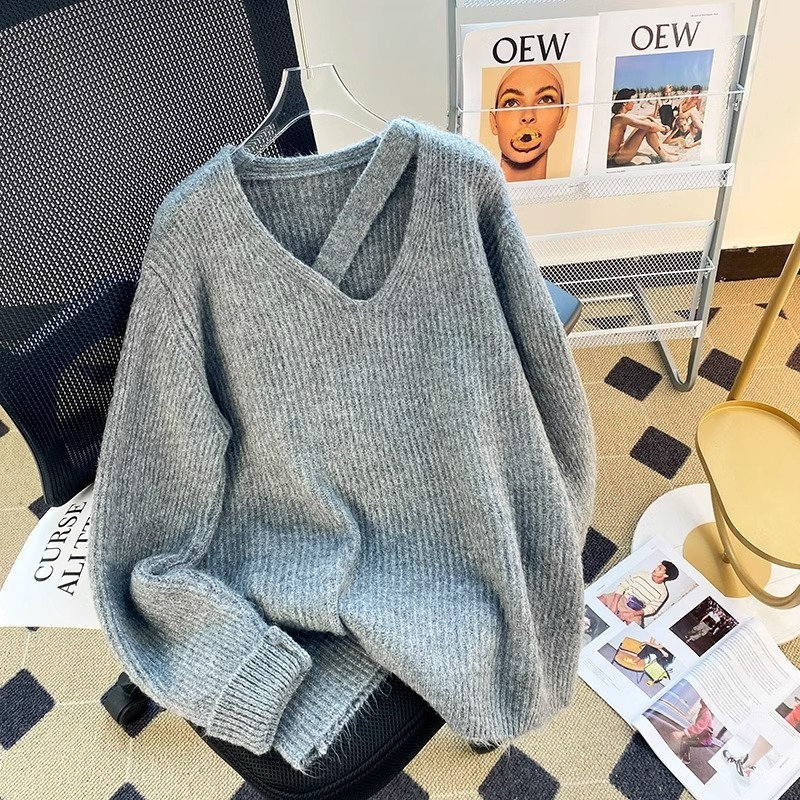 Ženski pulover s kapuljačom, V-izrez, prorezano pletene, debeo, dugi rukavi, gradski stil