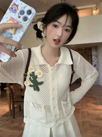 Korejskog stila cardigan-svijet cvjetni otvoreni uzorak, poliester tkanina, udoban slobodan kroj, dugi rukavi