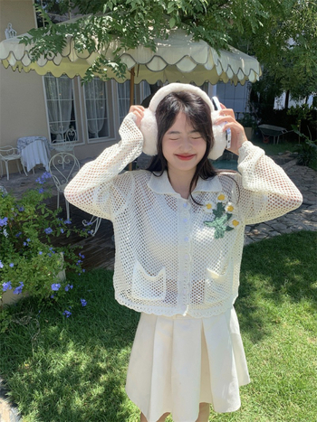 Korejskog stila cardigan-svijet cvjetni otvoreni uzorak, poliester tkanina, udoban slobodan kroj, dugi rukavi