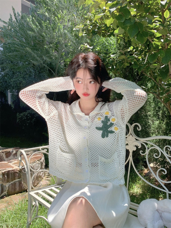 Korejskog stila cardigan-svijet cvjetni otvoreni uzorak, poliester tkanina, udoban slobodan kroj, dugi rukavi