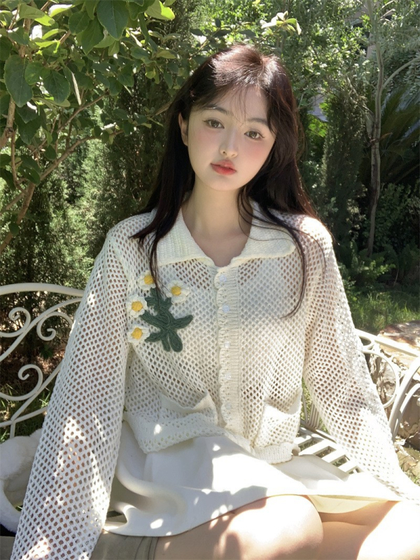 Korejskog stila cardigan-svijet cvjetni otvoreni uzorak, poliester tkanina, udoban slobodan kroj, dugi rukavi