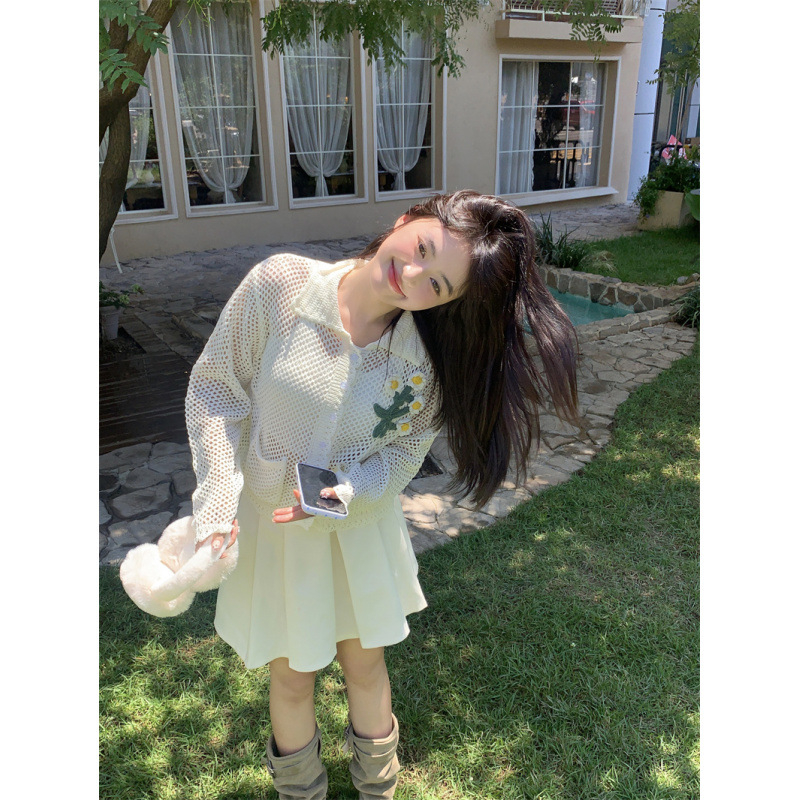 Korejskog stila cardigan-svijet cvjetni otvoreni uzorak, poliester tkanina, udoban slobodan kroj, dugi rukavi