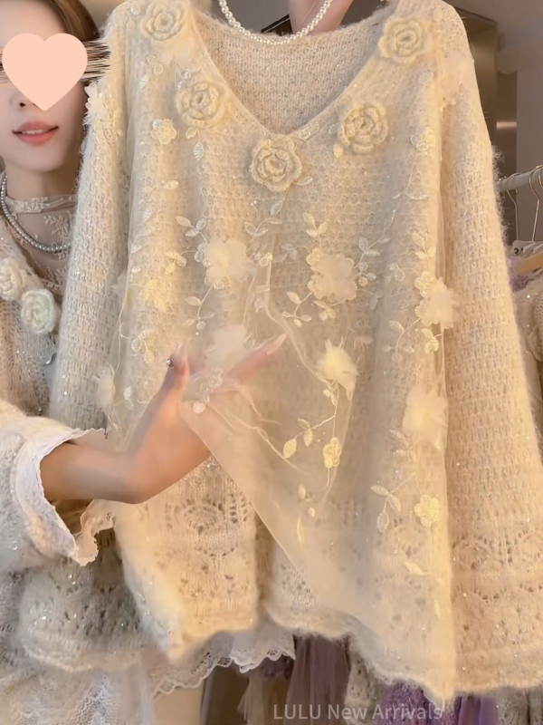 Pleteni pulover s kapuljom i 3D cvjetnim ovratnikom — chenille tkanina sa spandeksom, elastanski sadržaj ispod 30%, V-dekolte, bez rukava