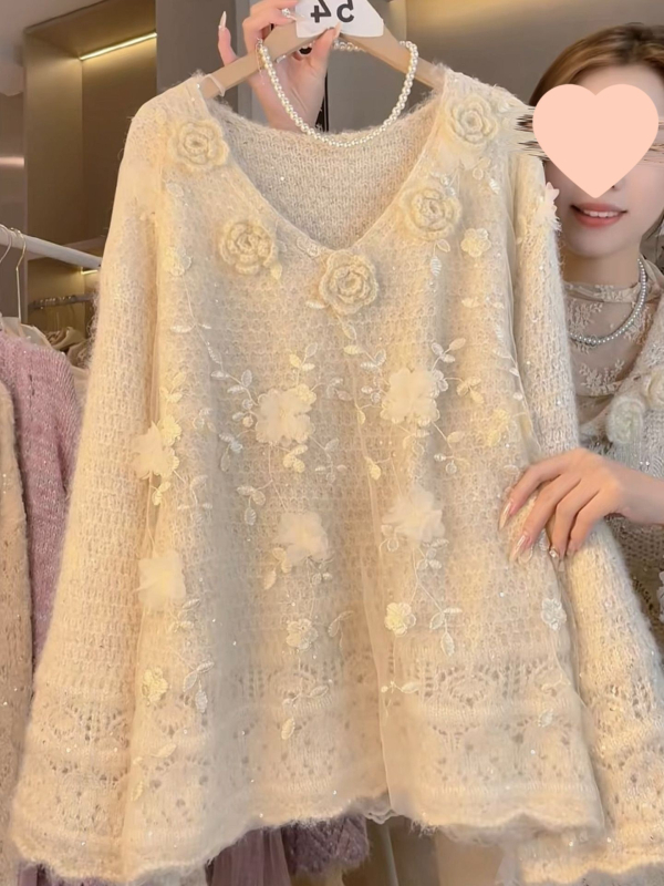 Pleteni pulover s kapuljom i 3D cvjetnim ovratnikom — chenille tkanina sa spandeksom, elastanski sadržaj ispod 30%, V-dekolte, bez rukava