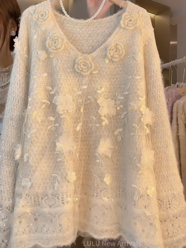 Pleteni pulover s kapuljom i 3D cvjetnim ovratnikom — chenille tkanina sa spandeksom, elastanski sadržaj ispod 30%, V-dekolte, bez rukava