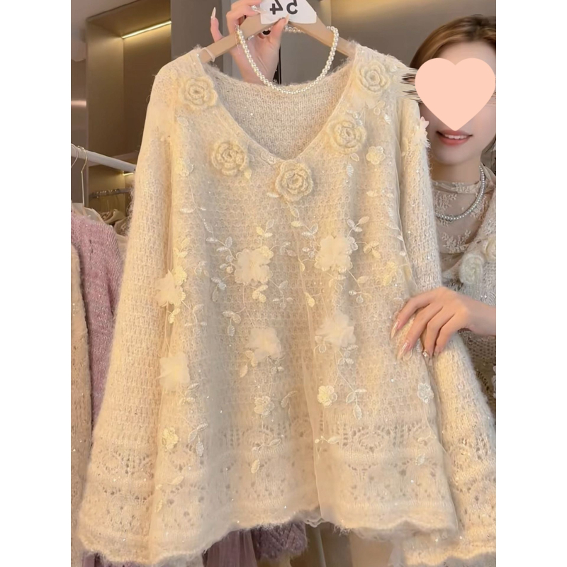 Pleteni pulover s kapuljom i 3D cvjetnim ovratnikom — chenille tkanina sa spandeksom, elastanski sadržaj ispod 30%, V-dekolte, bez rukava