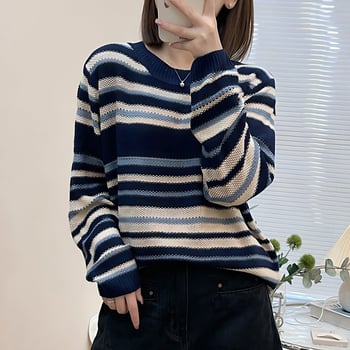 Korejskog stila prugasti pleteni pulover za žene — dugi rukavi, okrugli izrez, opušten kroj, poliester, proljeće 2025
